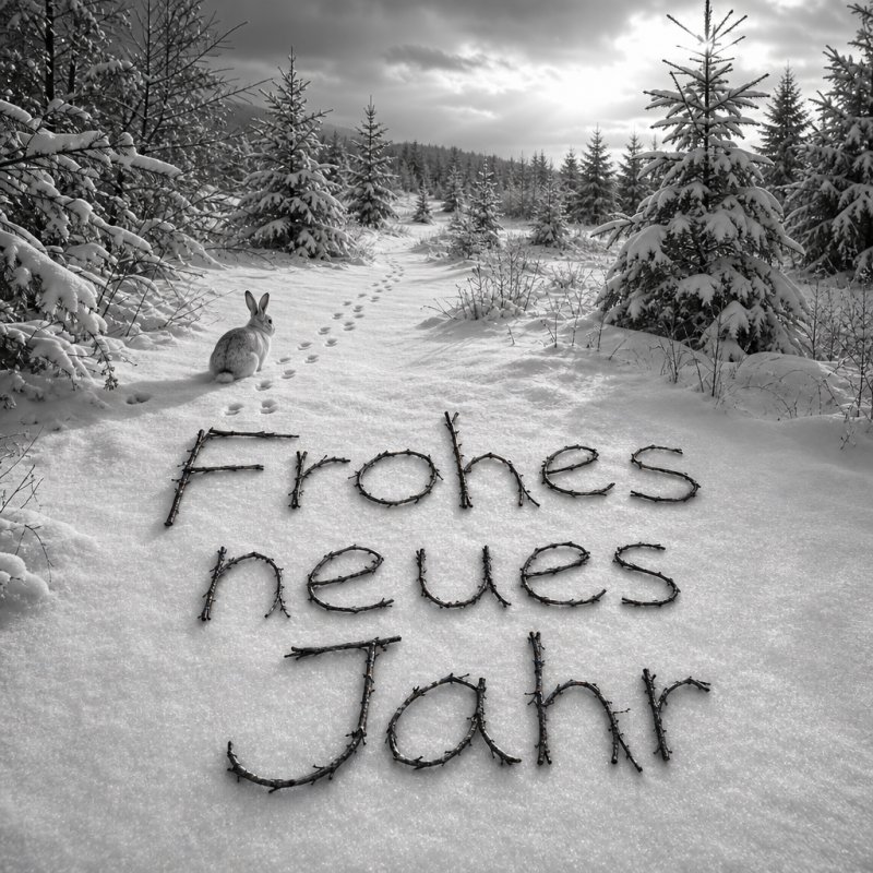Ein Guten-Morgen-Gruß im Winterwald: Frische Hasenspuren auf schneeweißem Pfad, eingefangen in einem kontrastreichen Schwarzweiß-Foto. "Frohes neues Jahr" steht in Zweigen geschrieben.