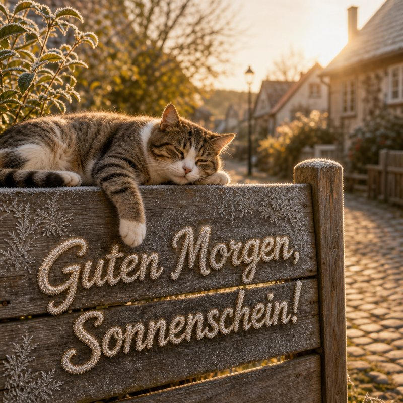 Ein Guten-Morgen-Gruß in einem weichen Fotografie-Stil: Eine schnurrende Katze auf einem Holzzaun in einem malerischen Dorf, das von der Morgensonne erleuchtet wird.