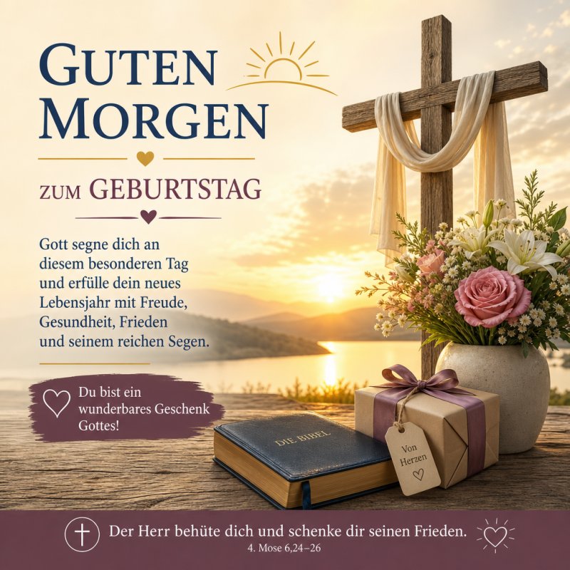Ein Guten-Morgen-Gruß zum Geburtstag mit einem Holzkreuz, Blumenstrauß und Geschenken vor einem malerischen Sonnenaufgang am Seeufer.