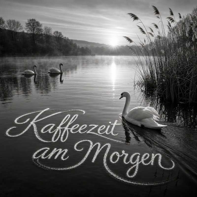 Schwarz-Weiß-Fotografie einer ruhigen Seelandschaft, gute-Morgen-Gruß im Spiegelbild des Wassers, mit Schwänen und Schilfrohr in weichem Licht.