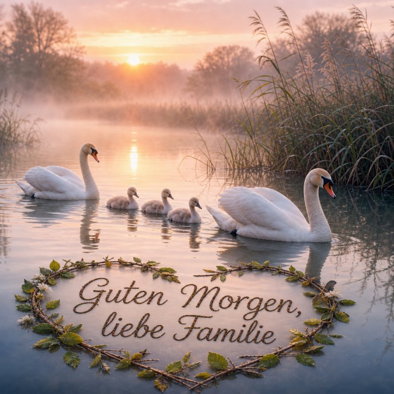 Guten-Morgen-Gruß im stillen Foto: Schwäne und ihr Nest aus Zweigen auf einem nebligen See, umgeben von Schilfrohr, im zarten Licht des Morgens.