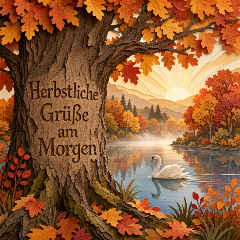 Whimsical Papercut Guten-Morgen-Gruß mit einem Schwan, der sanft über einen stillen, von Herbstfarben umgebenen See gleitet.