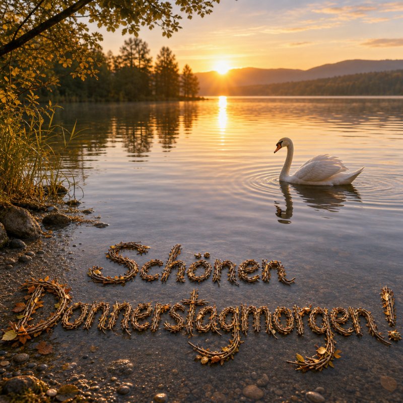 Guten-Morgen-Gruß in photorealistischem 3D: Ein Schwan schwimmt sanft auf einem stillen Morgensee, umgeben von schimmernden Reflexionen und einem aus Zweigen gebildeten Gruß.