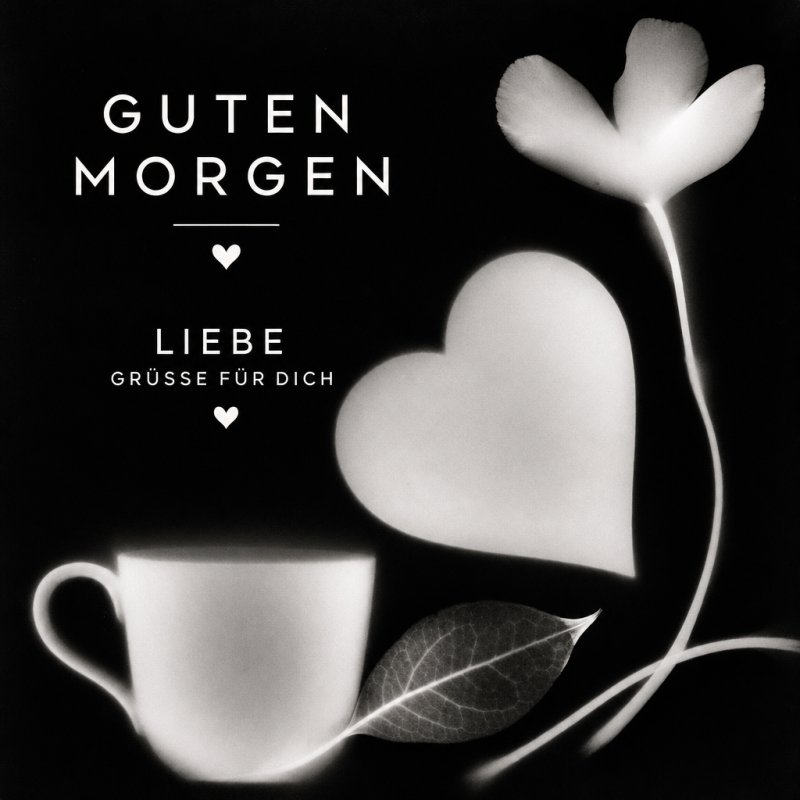 Ein stilvoller Schwarz-Weiß-Guten-Morgen-Gruß mit einer Tasse, Herz, Blume und Blatt auf schwarzem Hintergrund, der Liebe ausdrückt.