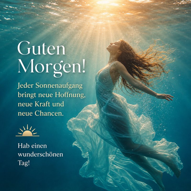 Eine Frau in einem fließenden Kleid schwebt unter Wasser im Sonnenlicht, vermittelt einen Gefühl von Leichtigkeit und Freiheit als Guten-Morgen-Gruß.