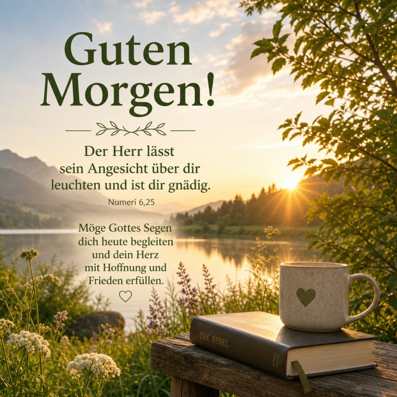 Ein stimmungsvolles Seeufer mit Sonnenaufgang, einer Bibel und einer Tasse auf einem Tisch bieten einen ruhigen Naturhintergrund für einen Guten-Morgen-Gruß.