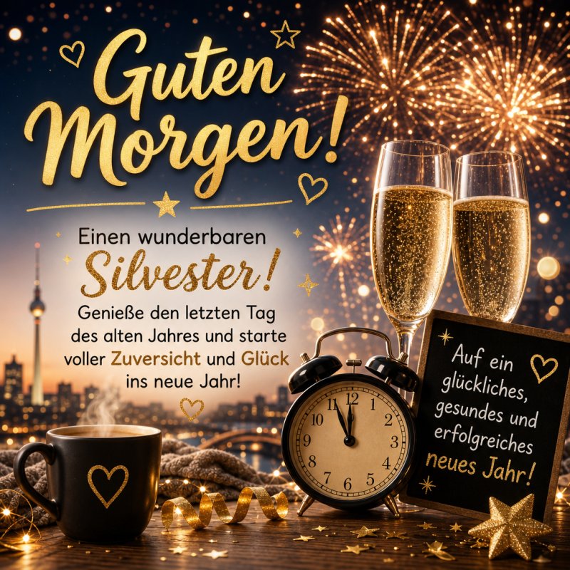 Ein Guten-Morgen-Gruß zu Silvester mit glitzerndem Feuerwerk, zwei Sektgläsern, einer Uhr und goldenen Schriftzügen vor einer nächtlichen Skyline.
