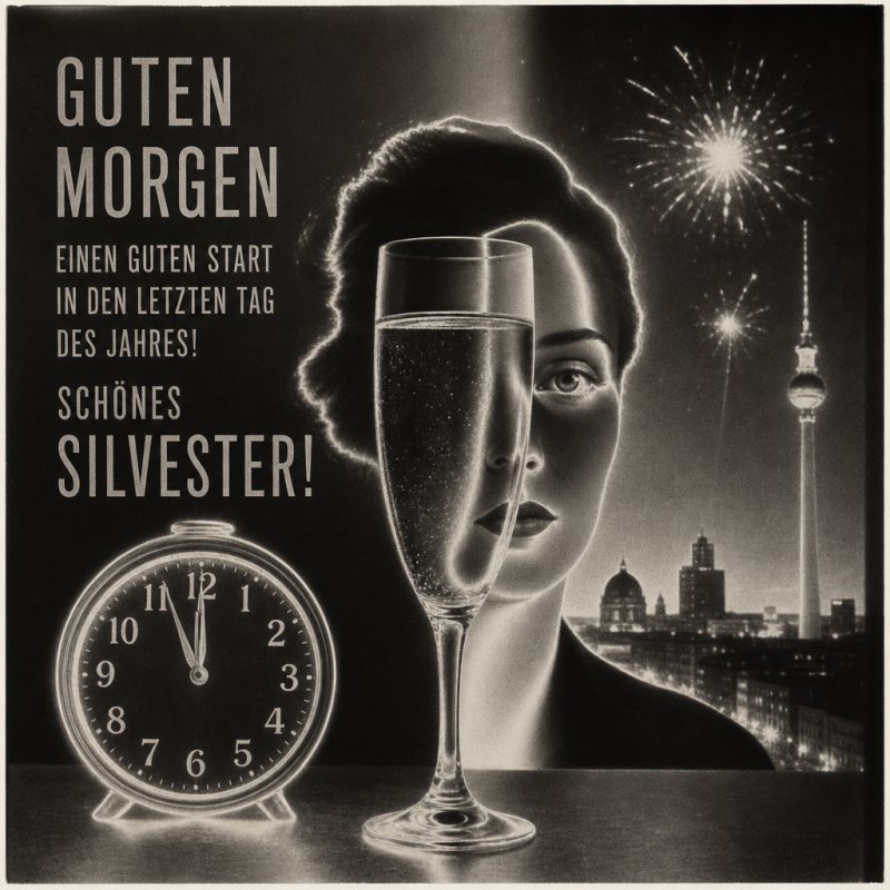 Ein Guten-Morgen-Gruß zeigt eine Frau mit einem Glas Sekt, Feuerwerk im Hintergrund und einen Wecker, der Mitternacht anzeigt, passend zu Silvester.
