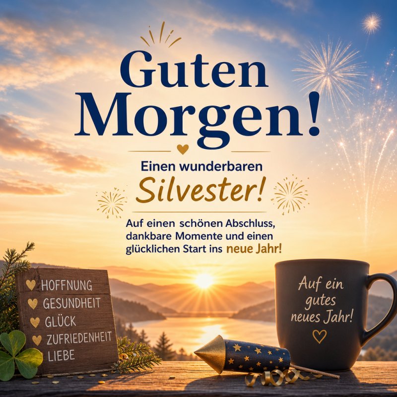 Ein Silvester-Guten-Morgen-Gruß mit Feuerwerk, einer Tafel positiver Worte und einer Tasse, die „Auf ein gutes neues Jahr!“ vor einer malerischen Bergkulisse zeigt.