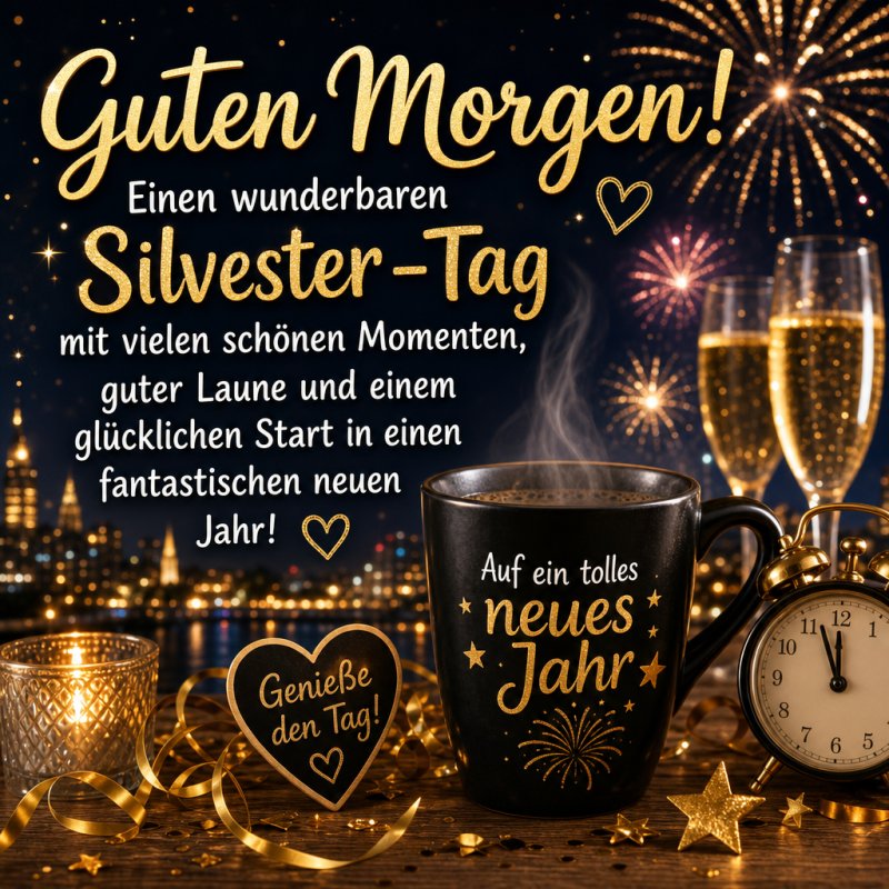 Ein festlicher Guten-Morgen-Gruß mit Feuerwerk, goldenen Akzenten, einer Kaffeetasse und einer Uhr zur Begrüßung des neuen Jahres an Silvester.