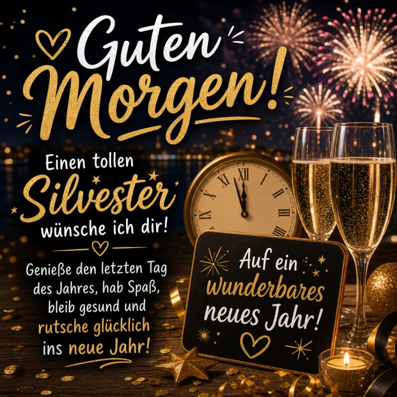 Ein Guten-Morgen-Gruß mit Feuerwerk, Sektgläsern und einer Uhr vermittelt festliche Silvesterstimmung.