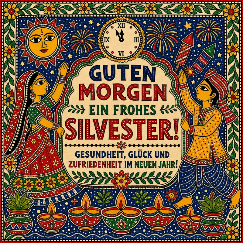 Ein festlicher Guten-Morgen-Gruß mit traditionellen Figuren, einer Uhr um Mitternacht und Feuerwerksraketen in einem bunten, folkloristischen Design.