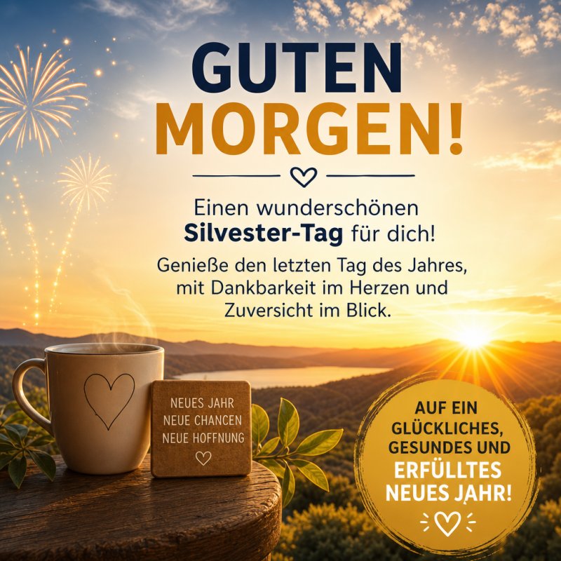 Ein herzförmige Tasse und ein Holzblock mit Text stehen vor einem atemberaubenden Sonnenaufgang über einem See, passend für einen Guten-Morgen-Gruß an Silvester.