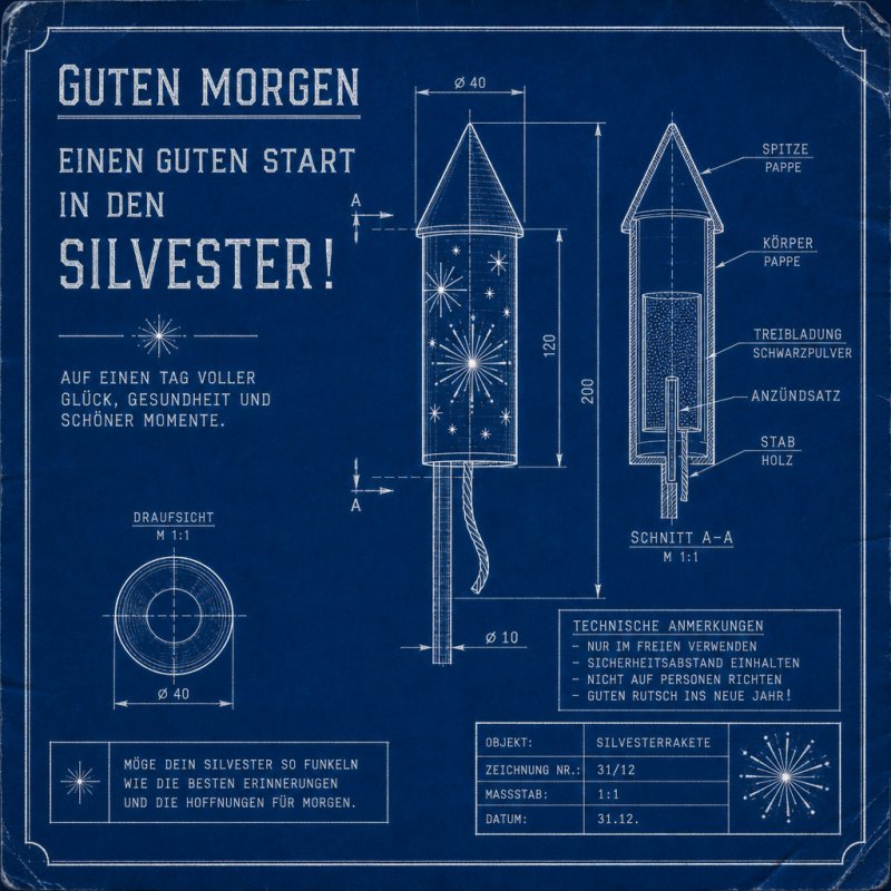 Blaupause einer Silvesterrakete mit technischen Details und dem Text 'Guten Morgen', ideal für einen Guten-Morgen-Gruß zum Jahreswechsel.