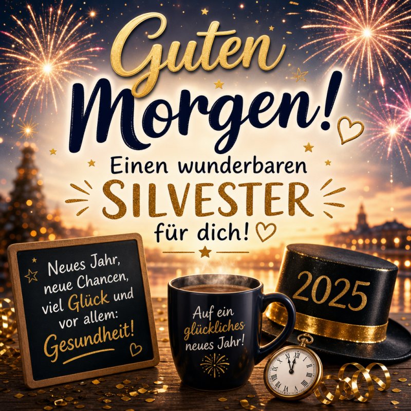 Ein Guten-Morgen-Gruß mit funkelnden Silvester-Elementen, darunter Feuerwerk, eine Uhr, ein Zylinder mit der Aufschrift 2025 und festliche Dekorationen.