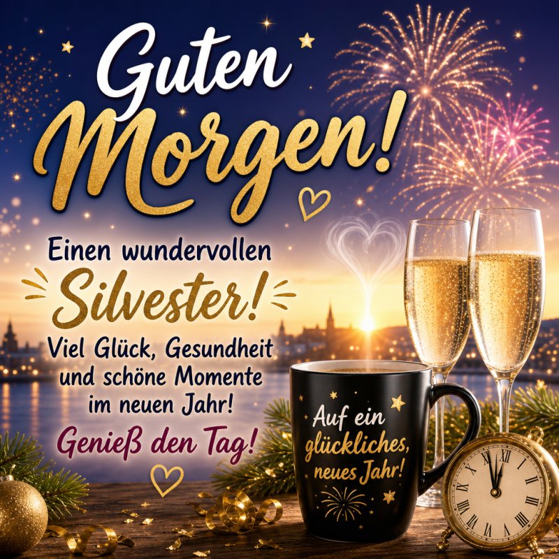 Ein festliches Silvesterbild mit Feuerwerk, einem Wecker, Sektgläsern und Tasse für einen frohen Guten-Morgen-Gruß im neuen Jahr.