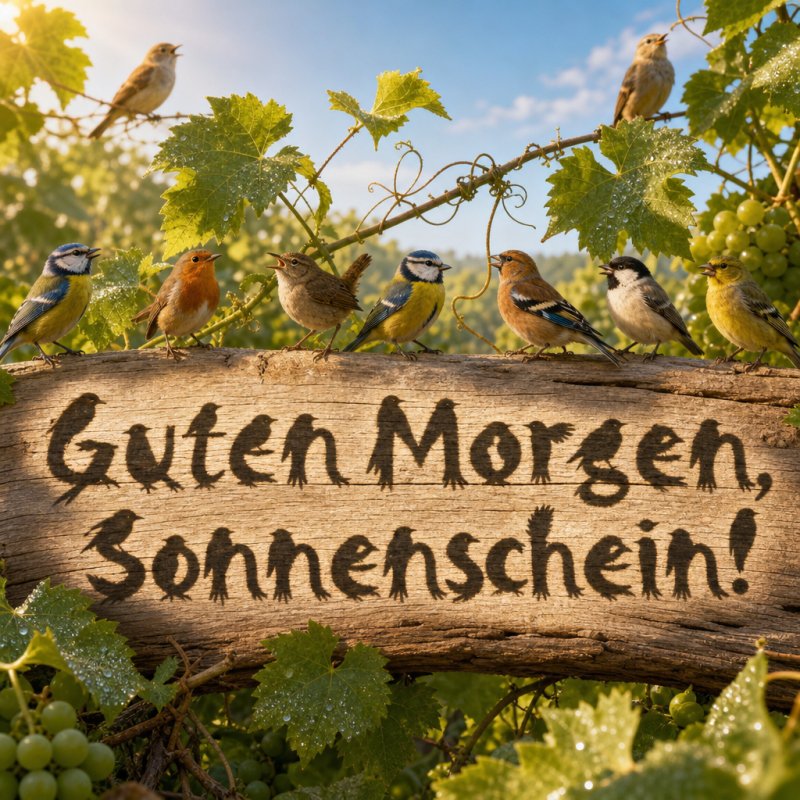Guten-Morgen-Gruß in einem fotorealistischen 3D-Bild: Ein Schwarm Singvögel sitzt auf Weinreben bei Sonnenaufgang, wobei Vogel-Schatten den Gruß bilden.
