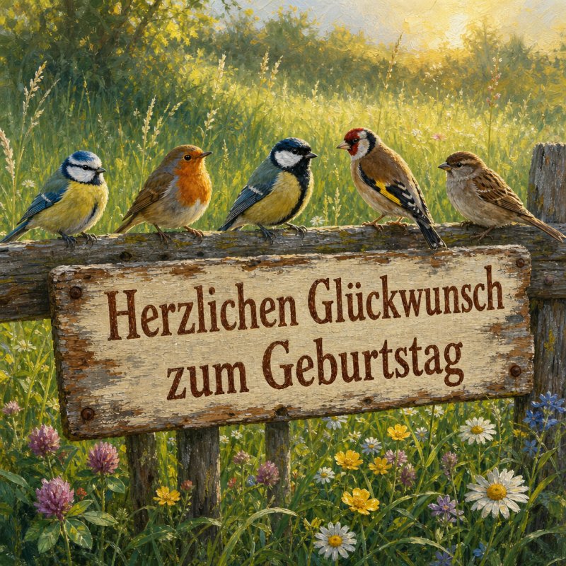 Guten-Morgen-Gruß als realistisches Ölgemälde: Vögel sitzen auf einem alten Holzzaun im Morgenlicht, gefolgt von einer eingeblendeten Geburtstagserklärung.