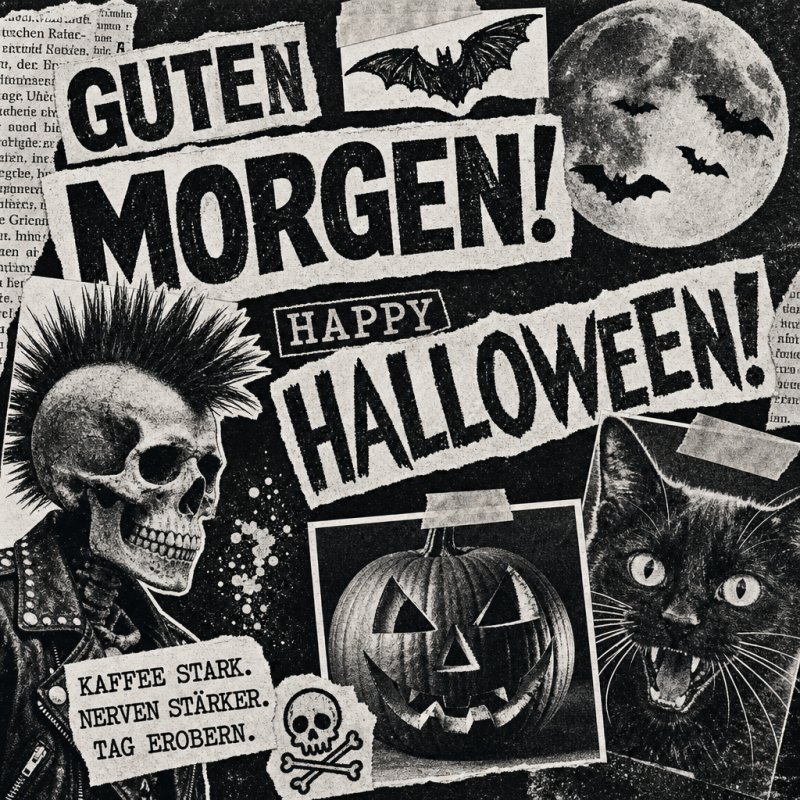 Ein Skelett-Punk, ein schwarzes Kätzchen und ein leuchtender Kürbis lächeln in einem gruseligen Design mit Mond und Fledermäusen für einen Guten-Morgen-Gruß.