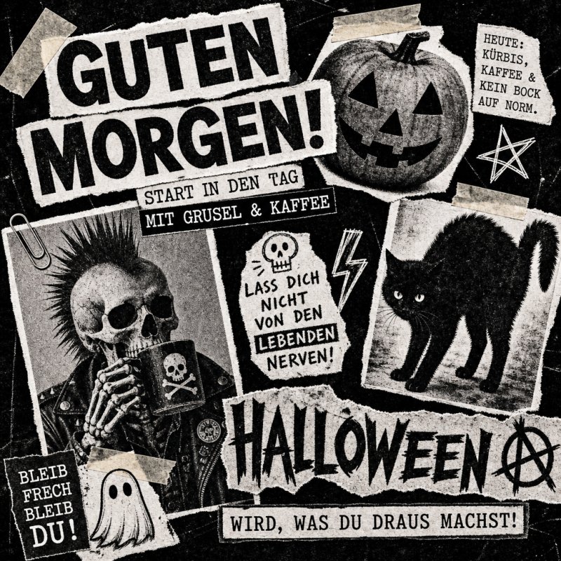 Ein gruseliger Guten-Morgen-Gruß mit einem Skelettpunk, einem Kürbis und einer schwarzen Katze im Retro-Collagenstil für Halloween.