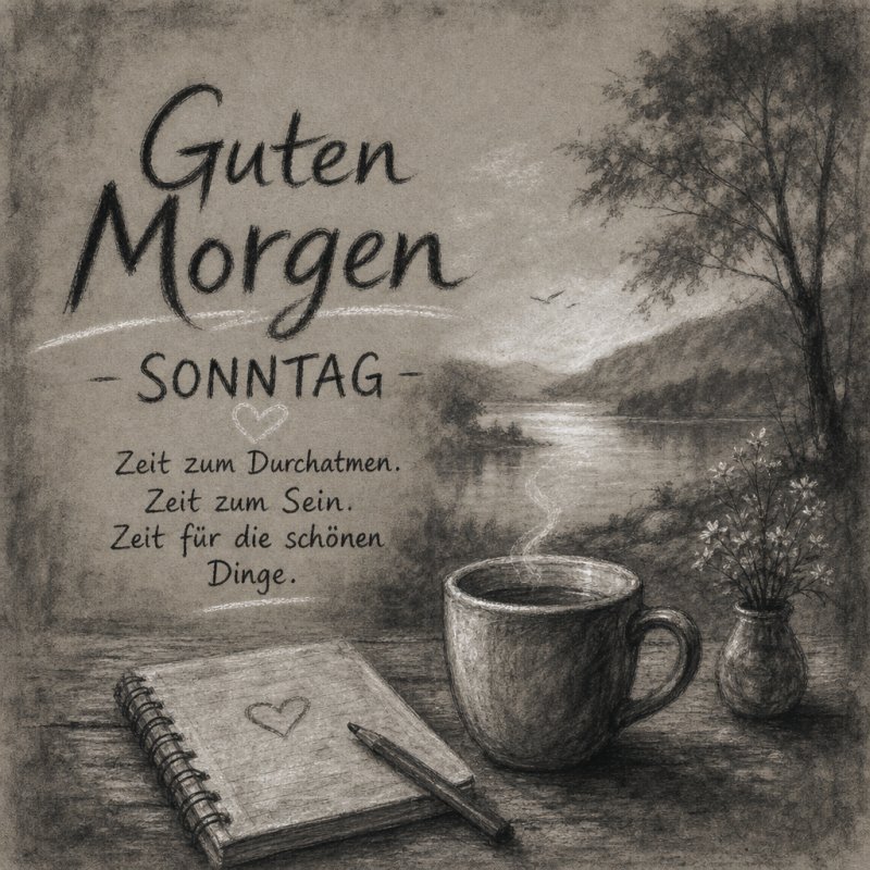 Ein skizzenhaftes Bild zeigt eine ruhige Seenlandschaft mit Notizbuch und Kaffeetasse im Vordergrund, ideal für einen Guten-Morgen-Gruß am Sonntag.