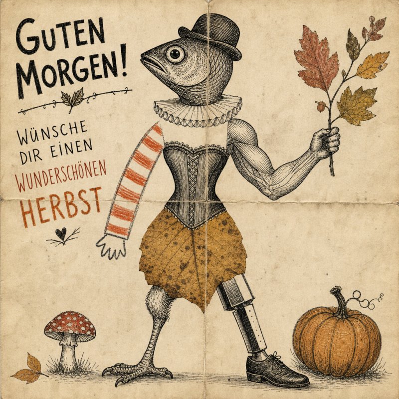 Ein ungewöhnlicher Fischkopf-Mann in Herbstmode steht neben einem Kürbis und Pilz und hält bunte Blätter als Guten-Morgen-Gruß in der Hand.