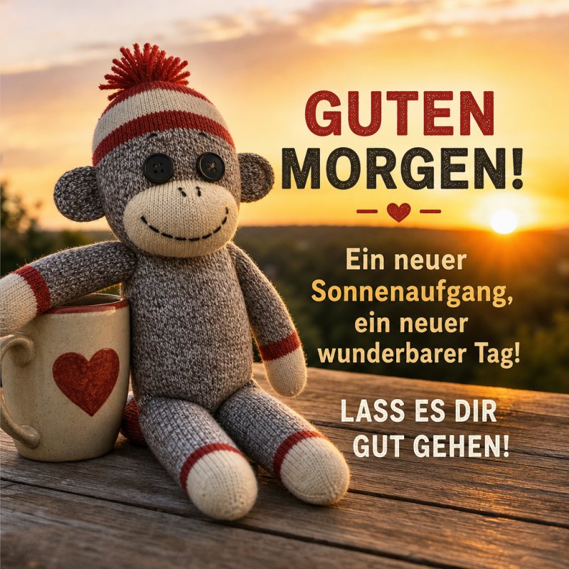 Ein lächelnder Sockeaffe sitzt mit einer Tasse auf einem Tisch im Sonnenaufgang, begleitet von einem „Guten Morgen” Gruß und wärmenden Sprüchen.
