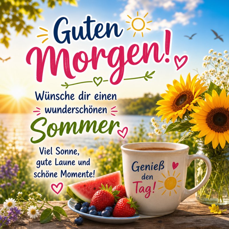 Ein sommerlicher Guten-Morgen-Gruß zeigt einen See im Morgenlicht mit Sonnenblumen, Kaffee und frischem Obst auf einem Holztisch.
