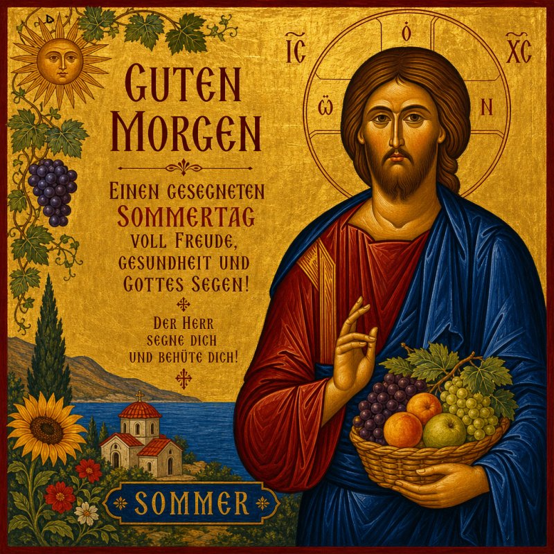Ein kunstvoller Guten-Morgen-Gruß zeigt eine religiöse Ikone mit Christus, umgeben von Sonnenblumen, Trauben und sonniger Landschaft im Sommerstil.