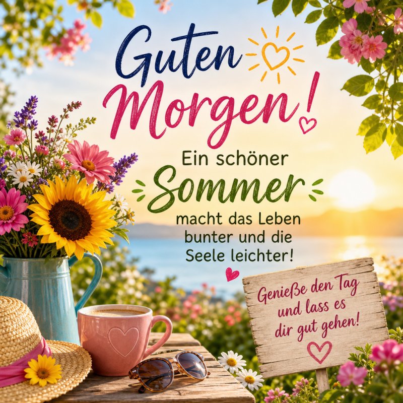 Ein beblümter Tisch mit Sonnenblume, Kaffeetasse und Sommergegenständen vor einem See und Blumen unter einem farbenfrohen Guten-Morgen-Gruß.