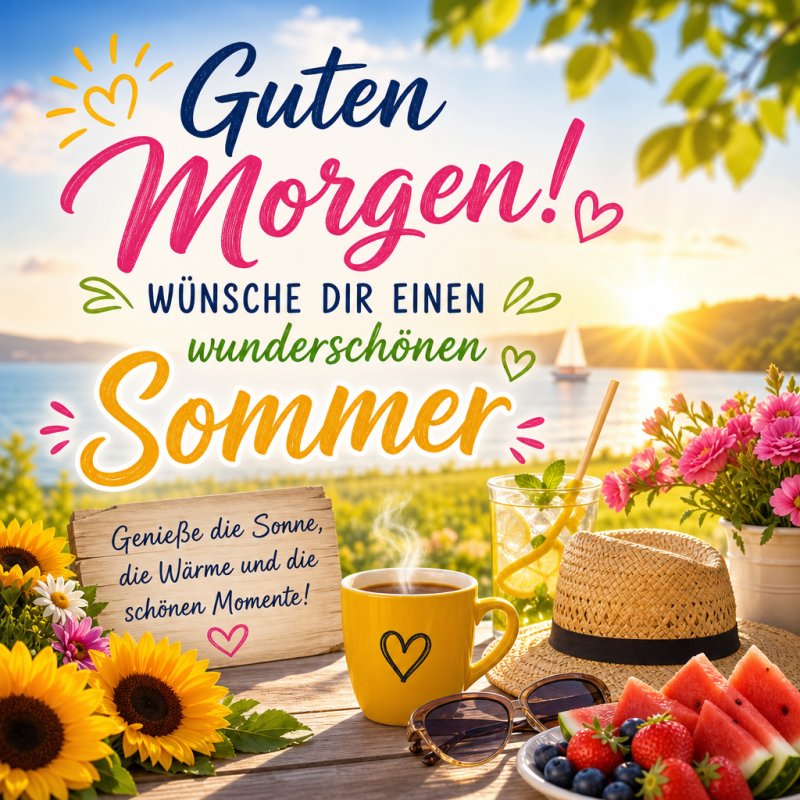 Ein farbenfroher Guten-Morgen-Gruß zeigt Blumen, Obst und eine Sonnenbrille auf einem Holztisch am See, während die Sonne über Wasser und Bäumen strahlt.