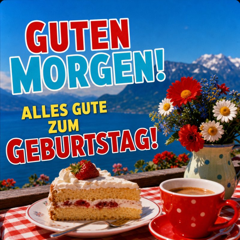Ein sonniger Guten-Morgen-Gruß mit einem Stück Erdbeerkuchen, einer Tasse Kaffee und einem Blumenstrauß vor einem See- und Bergpanorama.