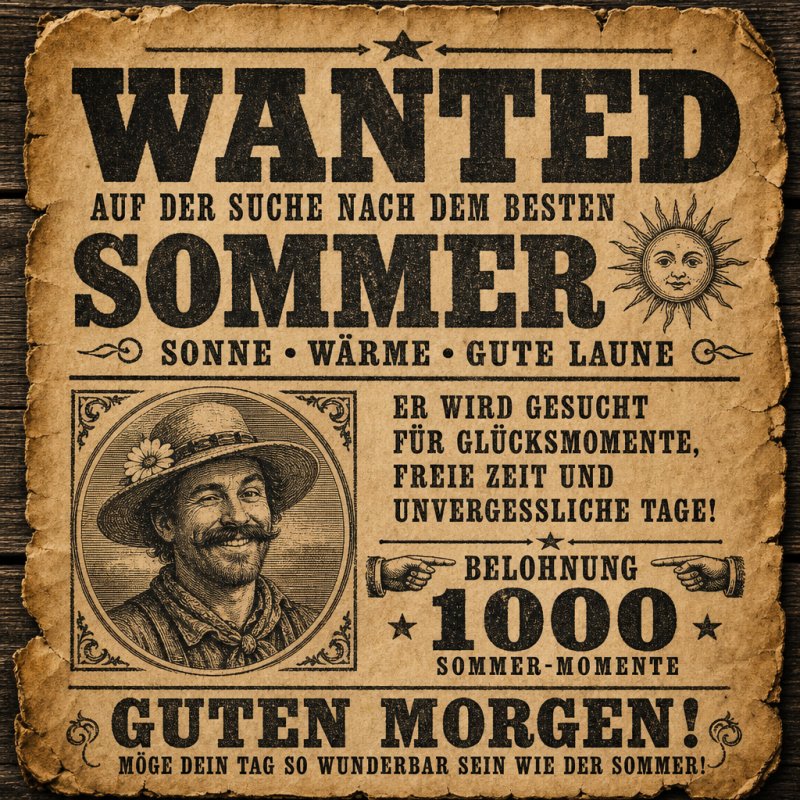 Ein Vintage-Wanted-Poster mit Sonnensymbolen und einem lächelnden Mann wirbt als humorvoller Guten-Morgen-Gruß für unvergessliche Sommertage.