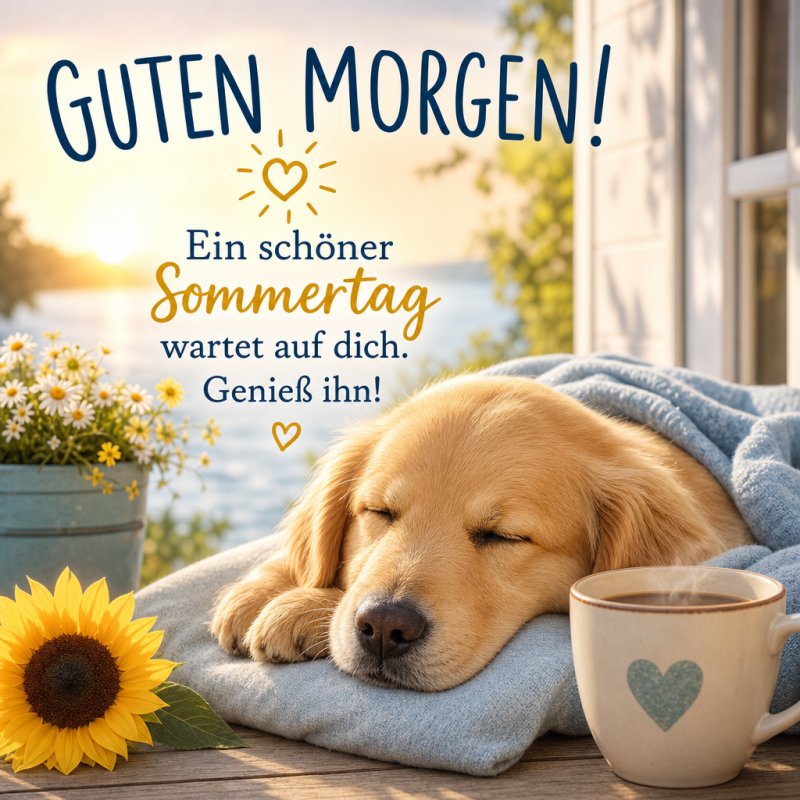 Ein schlafender Hund liegt gemütlich auf einer Terrasse mit Blick auf einen sonnigen See, umgeben von einer Sonnenblume und Kaffee, als Teil eines Guten-Morgen-Grußes.