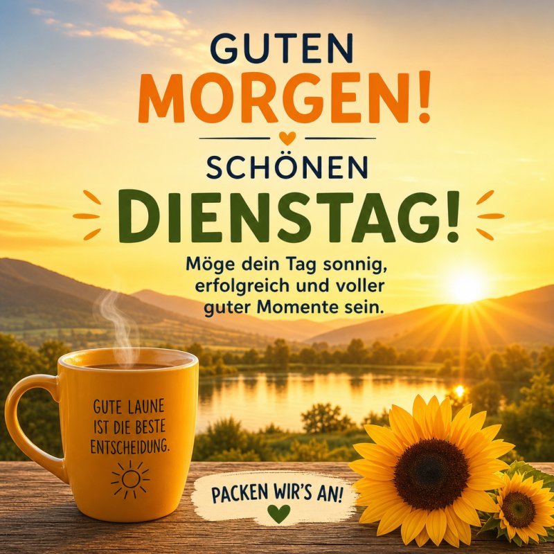Ein gelber Becher und eine Sonnenblume stehen am Flussufer bei Sonnenaufgang, umgeben von Bergen, als visueller Guten-Morgen-Gruß für Dienstag.