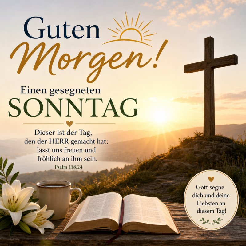 Ein inspirierender Guten-Morgen-Gruß zeigt eine Bibel, Kaffee, weiße Lilien und ein Kreuz vor einem Sonnenaufgang, der Frieden und Segen ausstrahlt.