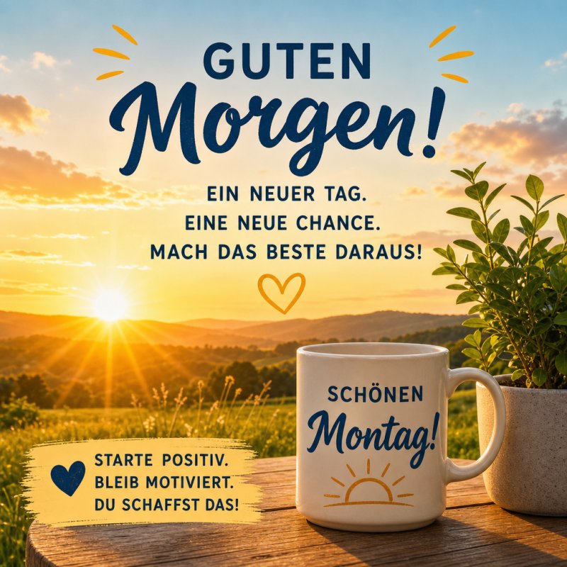 Ein inspirierender Guten-Morgen-Gruß mit einer Tasse Kaffee vor einem sonnigen Landschaftspanorama am Montagmorgen.