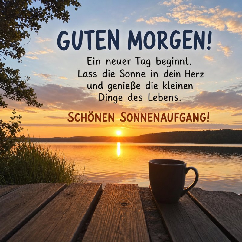 Ein ruhiger See bei Sonnenaufgang mit Morgenkaffee auf einem Holzsteg als Guten-Morgen-Gruß, der zum Genießen der kleinen Dinge inspiriert.