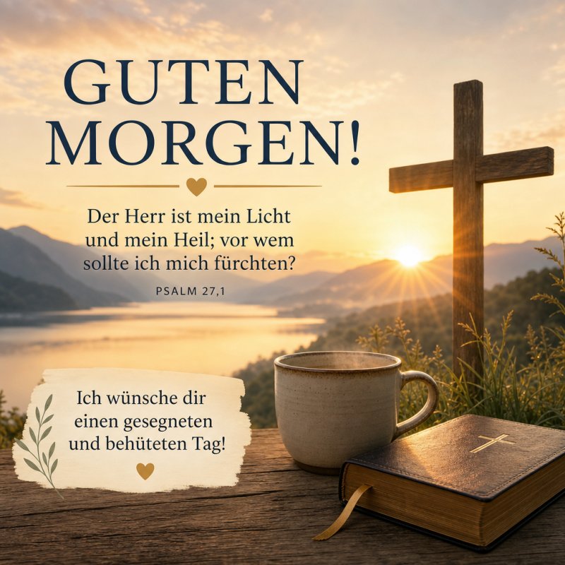 Ein idyllischer Sonnenaufgang am See mit einem Kreuz und einer Tasse Kaffee symbolisiert einen ruhigen Guten-Morgen-Gruß voller Hoffnung.