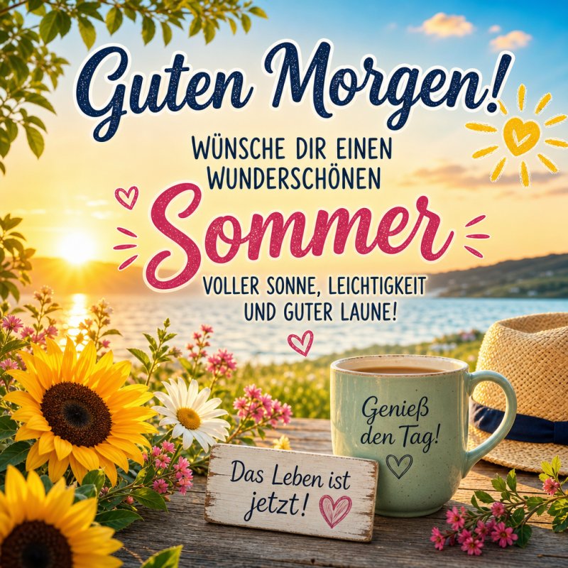 Ein fröhlicher Guten-Morgen-Gruß zeigt eine Sommerlandschaft mit Sonnenblumen, einer Tasse Kaffee und einem See im Sonnenaufgang, die Leichtigkeit versprüht.