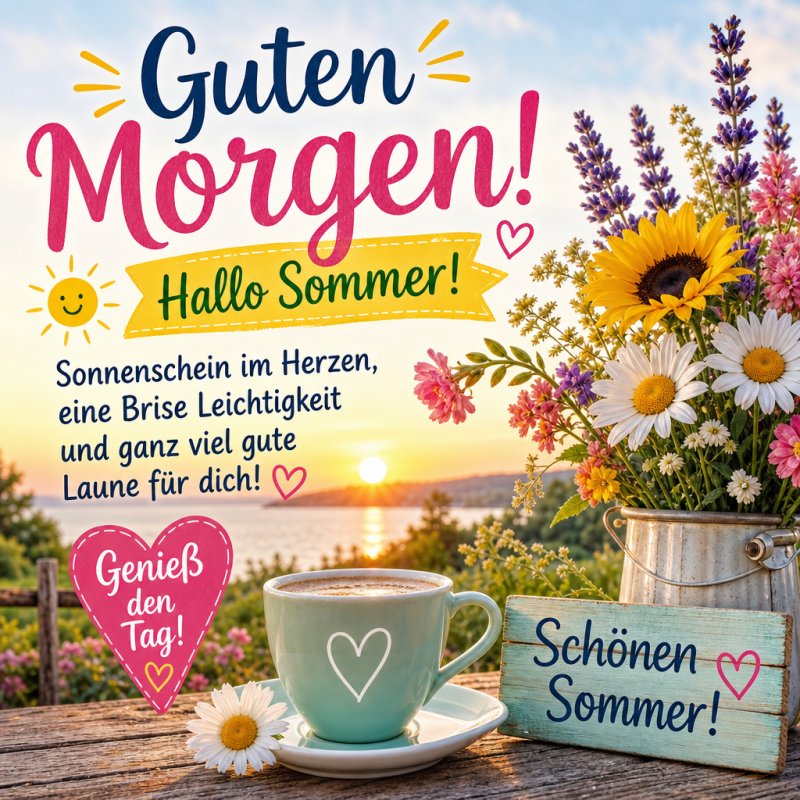 Ein fröhlicher Guten-Morgen-Gruß mit einer Tasse Kaffee auf einem Tisch, umgeben von Sommerblumen, vor einem See bei Sonnenaufgang.