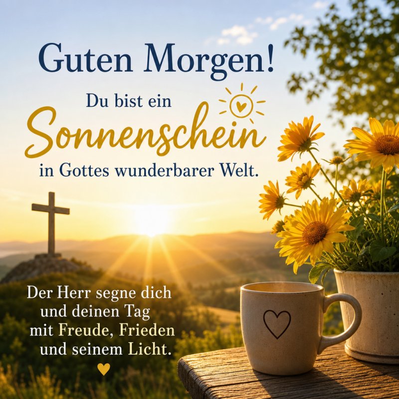 Ein herzlicher Guten-Morgen-Gruß mit Sonnenblumen, einem Tee im Herzenbecher und einem Kreuz vor einer Berglandschaft bei Sonnenaufgang.