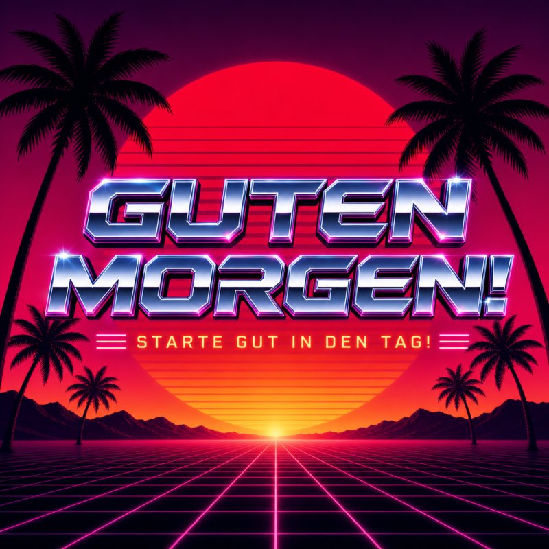 Ein neonfarbenes Retro-Design mit Palmen und Gitternetz vor einem leuchtenden Sonnenaufgang bildet einen lebhaften Guten-Morgen-Gruß.