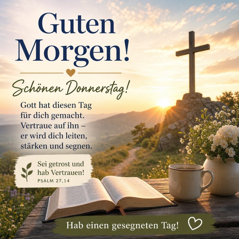 Ein sonniger Morgen mit Bibel, Kaffee und Blumen vor einem Kreuz auf einem Hügel; perfekter Guten-Morgen-Gruß für einen gesegneten Donnerstag.