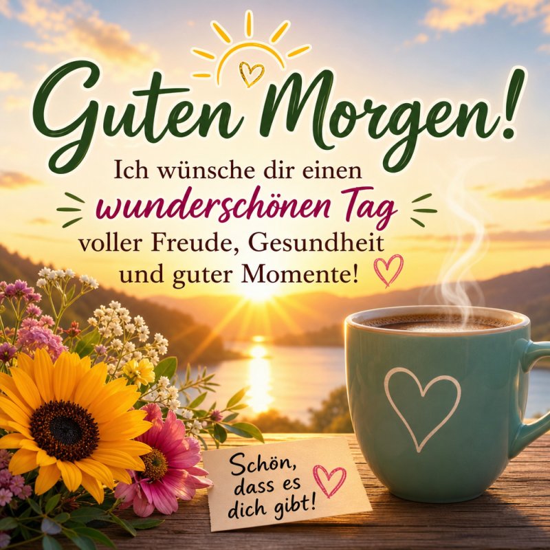 Ein Guten-Morgen-Gruß mit einer grünen Tasse und Herzmotiv, Sonnenaufgang über einem See, umgeben von gelben Blumen und einem handgeschriebenen Zettel.