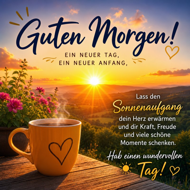 Ein Sonnenaufgang beleuchtet eine dampfende Kaffeetasse mit Herzmotiv auf einem Tisch voller Blumen, vermittelt einen Guten-Morgen-Gruß voller Wärme.