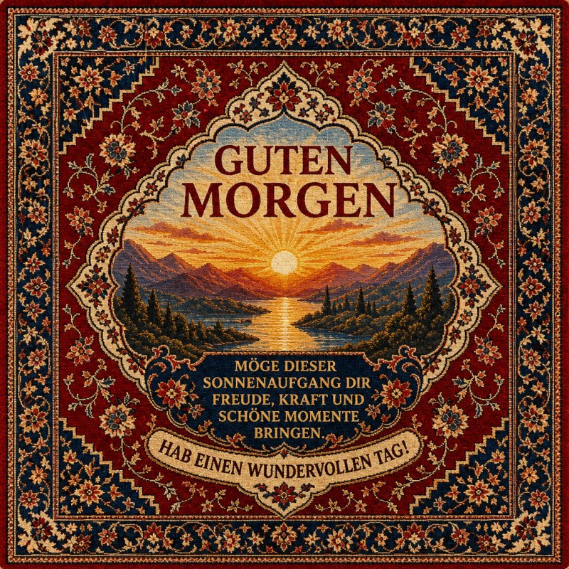Auf der Karte strahlt ein Sonnenaufgang über einer Berglandschaft, verziert mit floralen Mustern, begleitet von einem motivierenden Guten-Morgen-Gruß.