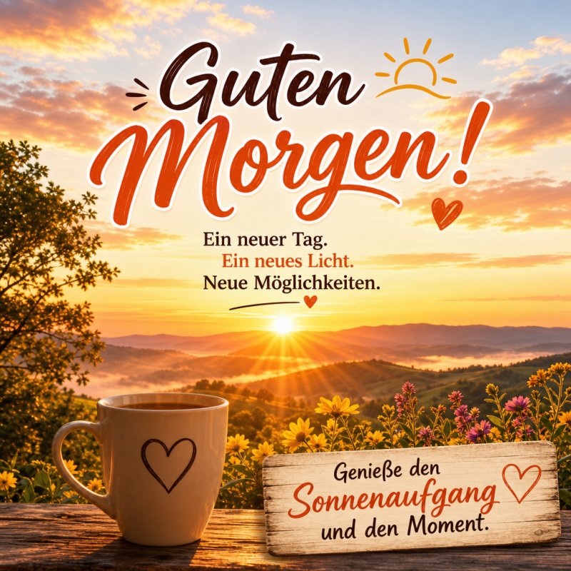 Ein malerischer Sonnenaufgang über blühenden Feldern mit einer Tasse Kaffee und der Aufschrift „Guten Morgen“ als herzlicher Gruß für den Tag.