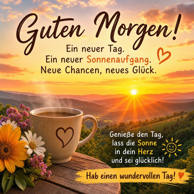 Ein malerischer Sonnenaufgang über sanften Hügeln mit einer Tasse Kaffee und Blumen, ideal für einen Guten-Morgen-Gruß, der Freude verbreitet.