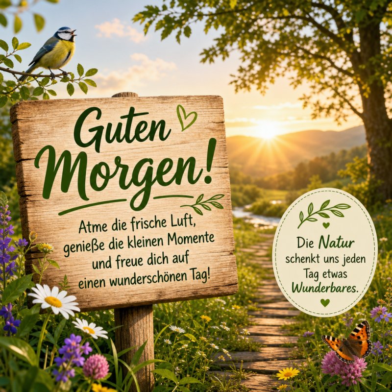 Ein fröhlicher Guten-Morgen-Gruß mit einem Holzschild in einer blühenden Landschaft, im Hintergrund ein Sonnenaufgang, der die Natur aufhellt.